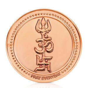 Tri Shakti Copper Coin with Om Trishul Swastik design for pooja