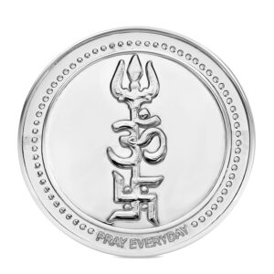 Tri Shakti Silver Plated Coin with Om Trishul Swastik design for pooja and protection