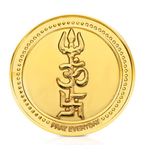Tri Shakti Gold Plated Coin with Om Trishul Swastik design for pooja