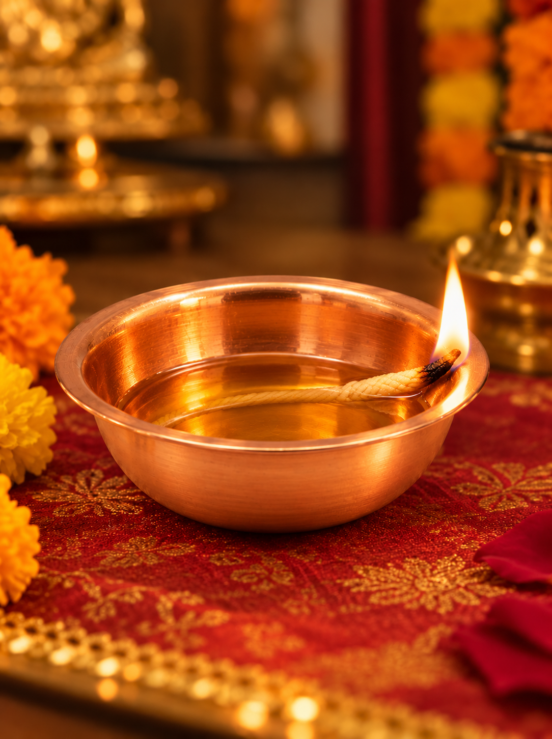 Pray Everyday Copper Deepak Diya | Traditional Copper Oil Lamp for Puja | Long Cotton Wick Diya for Home Temple, Daily Worship & Religious Rituals (SET OF 5 DEEPAK)