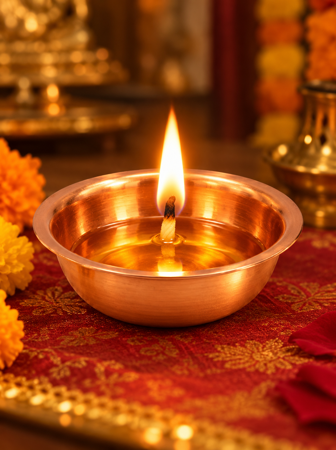 Pray Everyday Copper Deepak Diya | Traditional Copper Oil Lamp for Puja | Long Cotton Wick Diya for Home Temple, Daily Worship & Religious Rituals (SET OF 5 DEEPAK)